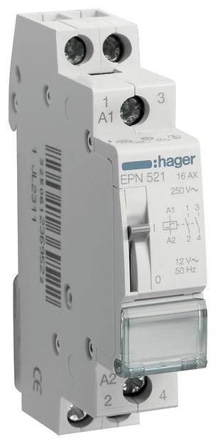 'Elektromechanisches Gerät von Hager, Modell EPN 521, 16 AX, Spannung 250 V, 12 V~/⎓ 50 Hz, weiße Plastikverkleidung.'