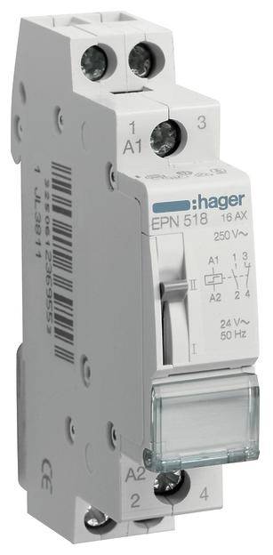 'Ein weißer, schmaler elektrischer Schalter mit der Aufschrift Hager und den Angaben EPN 518, 16 AX, 250 V~'