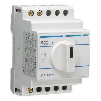 Drehschalter mit weißem Knauf auf 0, Skala von 0 bis 2, 20A, 400V. Markenname und technischer Text auf der linken Seite.