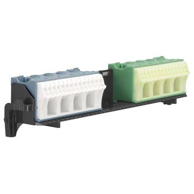 Ein RJ45-Verteilerblock mit mehreren Ethernet-Anschlüssen in Weiß und Grün, montiert auf einer schwarzen Halterung.