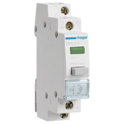 'Elektrischer Schalter SVN 413 von Hager; 230V, 16A. Weiße Gehäusefarbe mit grüner Anzeige. Geeignet für den Schaltschrankbau.'