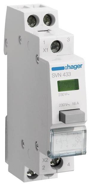 Ein elektrisches Relais von Hager, Modell SVN 433, mit einer Nennspannung von 230V und einer Stromstärke von 16A.