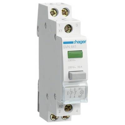 Ein elektrischer Zeitrelais von der Marke Hager mit der Modellnummer SVN 441. Es zeigt Anschlussklemmen, Schalter und Spannungsangaben.