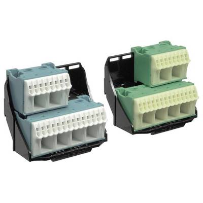 Zwei Stapel modularer Steckverbinder in Schwarz, Grün und Blau zum Anschluss von elektrischen Leitungen.