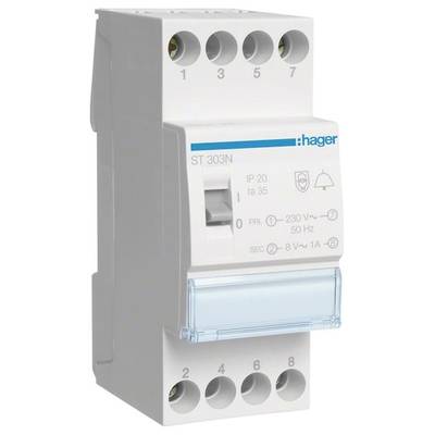 'Transformator ST 303N' von Hager, zeigt Ein- und Ausgänge für 230V und 8V. Einsatz in elektrischen Installationen zur Spannungsumwandlung.