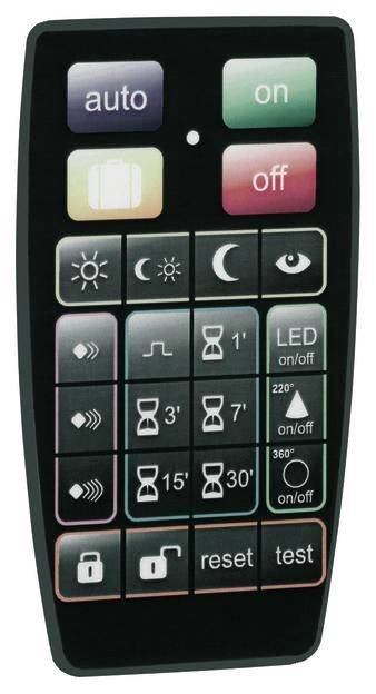 Eine schwarze Fernbedienung mit Tasten zur Steuerung von Beleuchtung und Zeitfunktionen, einschließlich 'auto', 'on', 'off', und Timer-Einstellungen.