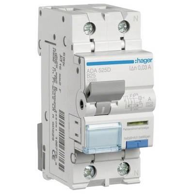 Elektrischer Schutzschalter der Marke Hager, Modell ADA 525D, B25, 0,03 A. Enthält Fehlerschutzanzeige und blaues Bedienfeld.