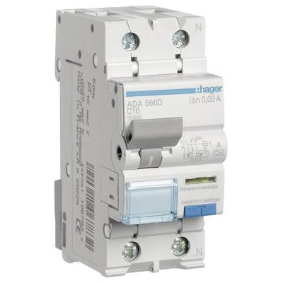 Ein elektrischer Schutzschalter der Marke Hager, Modellnummer ADA 566D, mit der Stromstärke 0,03 A, angezeigt auf der Vorderseite.
