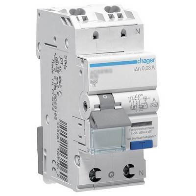 'Fi-Schutzschalter Hager', 30 mA; dient zum Schutz vor elektrischen Schlägen. Compact, mit blauem Testknopf und N-Schiene unten.