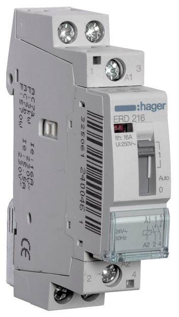 Ein Hager ERD 216 Schaltrelais, weiß mit klarer Klappe, montiert auf einer DIN-Schiene. Geeignet für 16A, 250V.