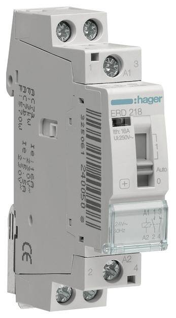 Ein grauer Leistungsschalter mit der Aufschrift 'Hager ERD 218', geeignet für 16A. Er hat Anschlüsse und einen Kippschalter.