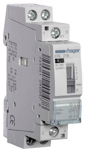 Relais Hager ERL 216; Aufdruck: 'Ith: 16A, U 250V~'; Schalterstellung: Auto; Anschlussklemmen oben und unten sichtbar.