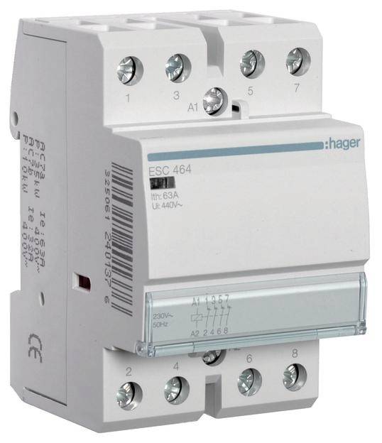 'Schütz Hager ESC 464, 63A, 400V' auf grauem Gehäuse, mit mehreren Anschlussklemmen oben und unten.