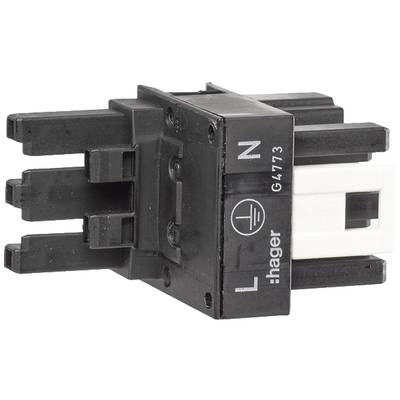 Ein schwarzes elektrisches Ersatzteil, das mit 'L', 'N' und einem Erdungssymbol beschriftet ist. Herstellerlogo 'Hager'.