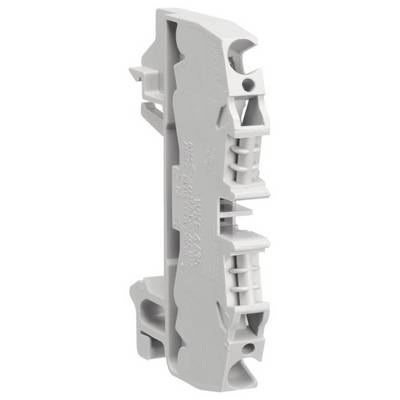 Grauer, modularer Klemmenblock, seitlich gesehen. Hat zwei Klemmen an den Enden und Aufdrucke auf der Seite. Verwendet in elektrischen Schaltungen.