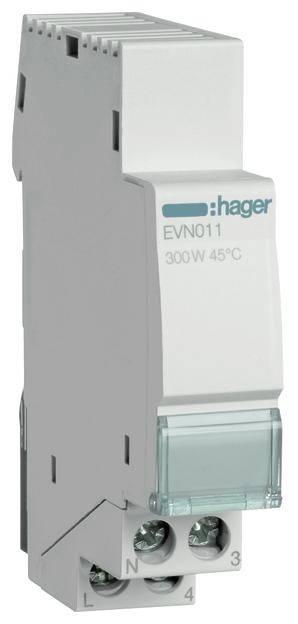 Abbildung eines grauen elektrischen Schaltgeräts der Marke Hager, Modell EVN011. Beschriftet mit '300W 45°C'.