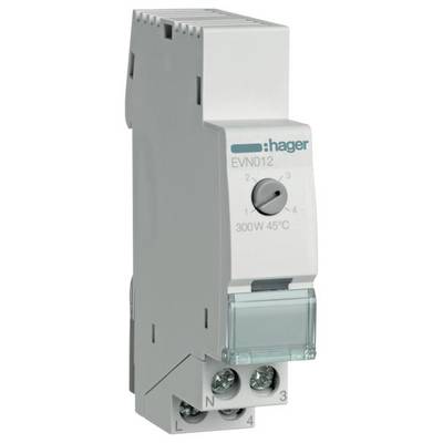 Elektronischer Dimmaktor der Marke Hager, Modell EVN012, geeignet für 300W bei 45°C. Drehknopf mit vier Stufen zur Einstellung.