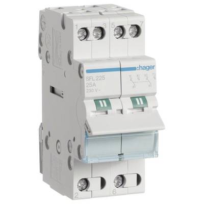 Ein zweipoliger Leistungsschalter von Hager, Modell SFL 225, mit einer Stromstärke von 25A und einer Spannung von 230V.