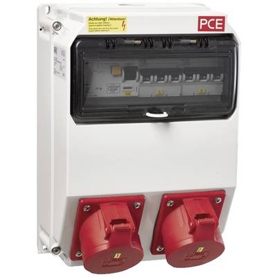Ein elektrisches Schaltschrankgehäuse mit zwei roten Steckdosen und einem Schutzschalter, versehen mit einem Warnhinweis 'Achtung!'.