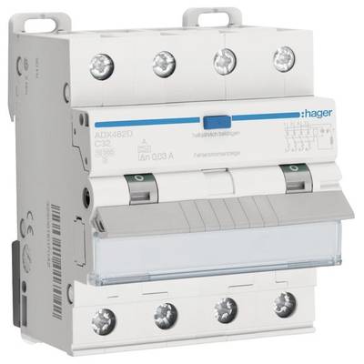 Leistungsschalter mit Hebeln und Beschriftung 'Hager ADX48D C32'. Verwendet zur Steuerung elektrischer Stromkreise und Schutz vor Überlast.