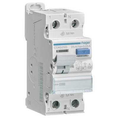 Ein einpoliger Leitungsschutzschalter von Hager, Modell CDA525D, zeigt Beschriftungen wie '25 A', '0,03 A' und Symbole für elektrische Sicherheit.