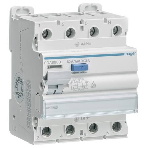 Thumbnail - Hager CDA680D FI-Schutzschalter A 4polig 80 A 0.03 A 400 V