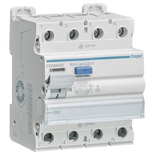 Hager CDA663D FI-Schutzschalter A 4polig 63 A 0.03 A 400 V