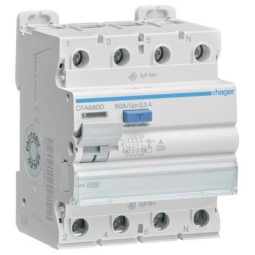 Thumbnail - Hager CFA680D FI-Schutzschalter A 4polig 80 A 0.3 A 400 V