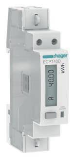 Elektrizitätszähler mit einer digitalen Anzeige, die '4000 kWh' zeigt. Markiert mit 'Hager ECP1400'.