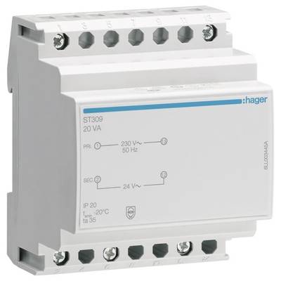 Ein weißer elektrischer Transformator der Marke Hager mit technischen Angaben aufgedruckt: 230 V Primär 50 Hz, 24 V Sekundär, IP 20.