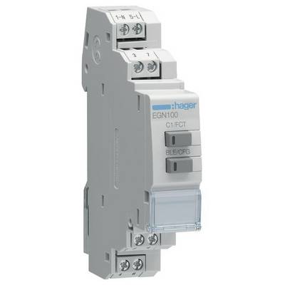 Ein einpoliger elektronischer Leitungsschutzschalter von Hager, Modell EGN100, mit Schraubanschlüssen oben und unten.