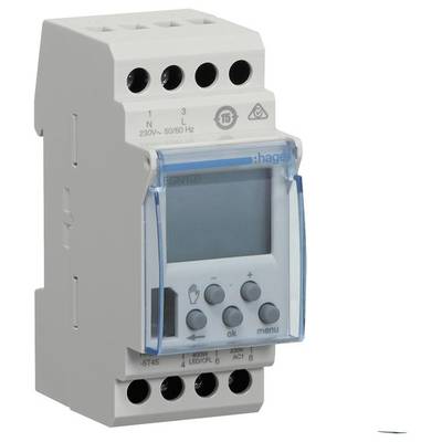 Elektronische Zeitschaltuhr für DIN-Schiene, Display zeigt aktuelle Einstellungen. Gehäuse mit mehreren Anschlussmöglichkeiten.