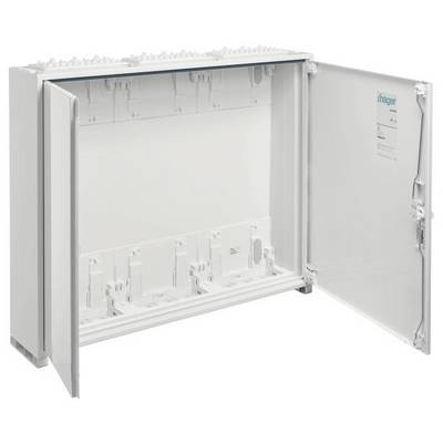 Leergehäuse mit geöffneter Tür, zeigt mehrere Montageplätze für elektrische Komponenten. Geeignet für Elektroschaltanlagen.