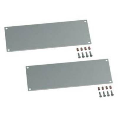 Zwei rechteckige graue Metallabdeckungen mit je vier Schrauben und Muttern.