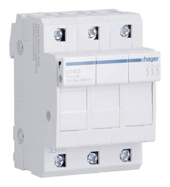 Ein dreipoliger Sicherungsautomat von Hager, Modell LU 503, geeignet für 32 Ampere und bis zu 690 Volt, mit blauer Linie und Typenbezeichnung.