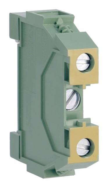 Ein grüner elektrischer Klemmenblock mit zwei Schraubanschlüssen, verwendet für die Verbindung elektrischer Drähte in Schaltschränken.