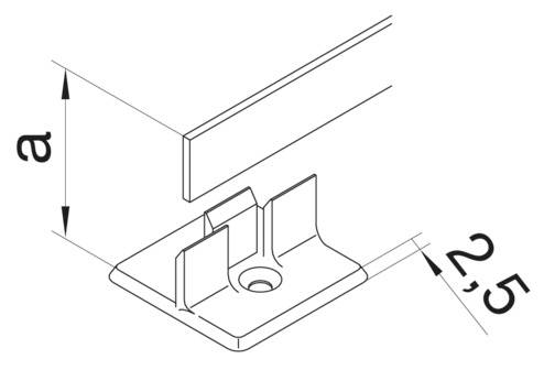 Technische Zeichnung einer Metallhalterung mit Maßangaben von 2.5 für eine seitliche Ansicht. Hauptzweck: Darstellung der Abmessungen und Form der Halterung.