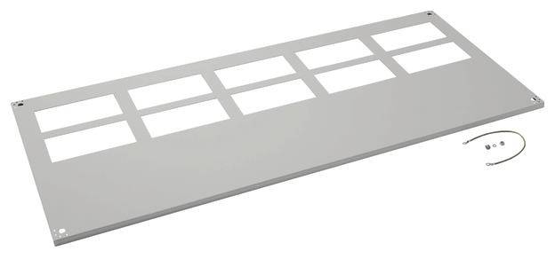 Metallplatte mit 10 rechteckigen Aussparungen und zwei kleinen Befestigungselementen rechts. Ideal für Geräteinstallation.