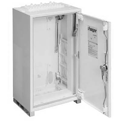 Ein geöffneter, leerer Elektroschaltkasten mit Markenaufdruck 'Hager'.