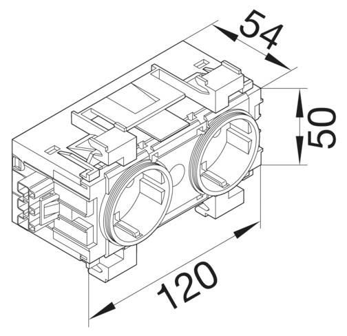 Technische Zeichnung eines rechteckigen Bauteils mit den Maßen 120 mm x 54 mm x 50 mm. Zeigt Anschlüsse und Montagedetails.