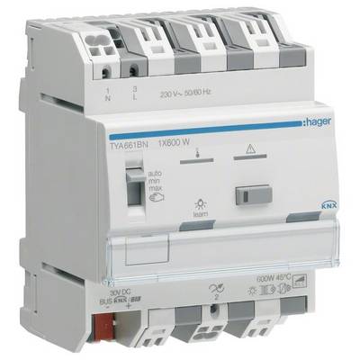 Ein elektronischer Aktor für Gebäudeautomation mit mehreren Schaltern, Spannungsangaben und KNX-Busverbindung, geeignet für 230V.