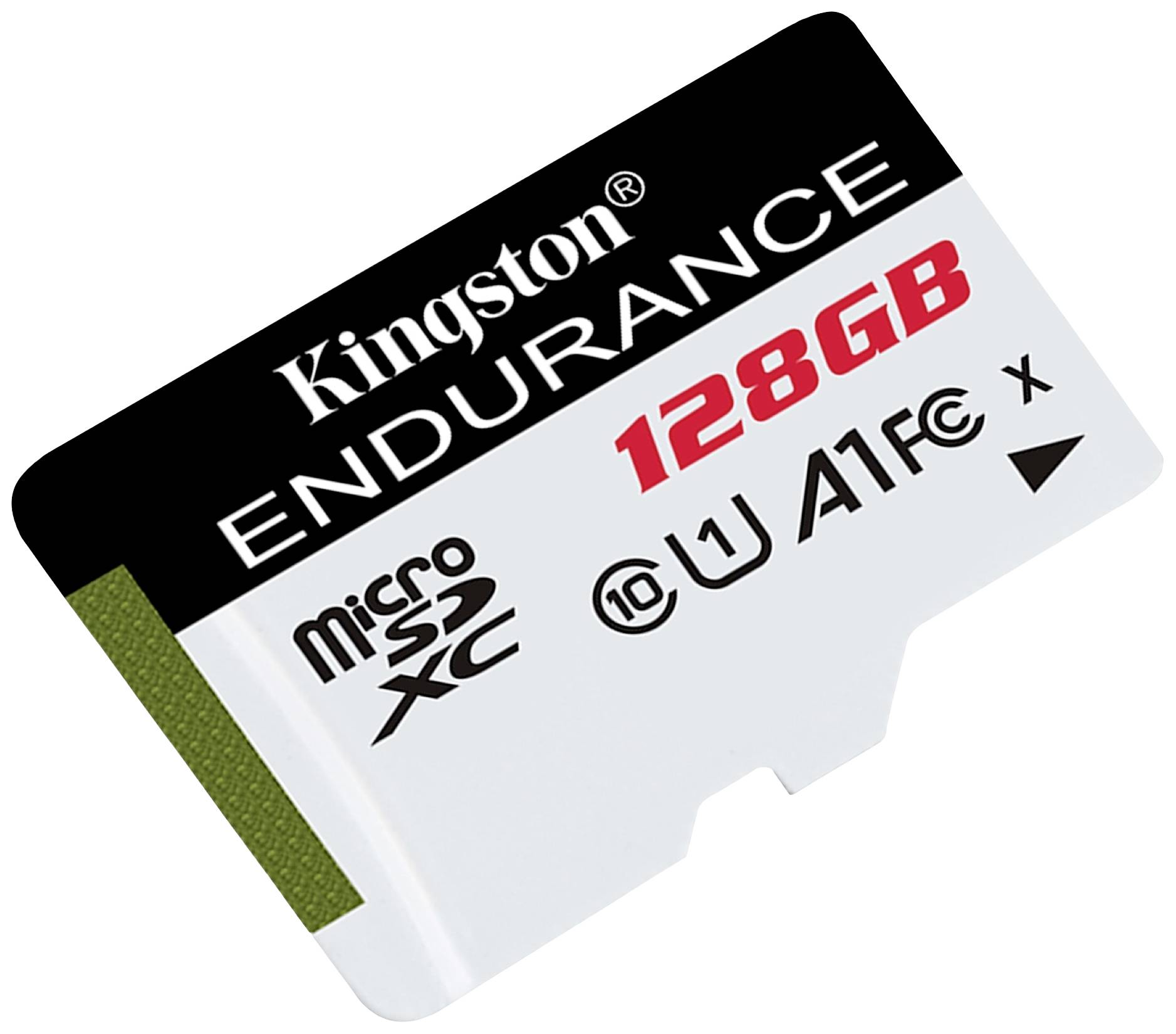 'Kingston Endurance 128GB MicroSDXC-Speicherkarte' auf einer weißen und schwarzen Karte mit rotem Text. Geeignet für langfristige Datenspeicherung.