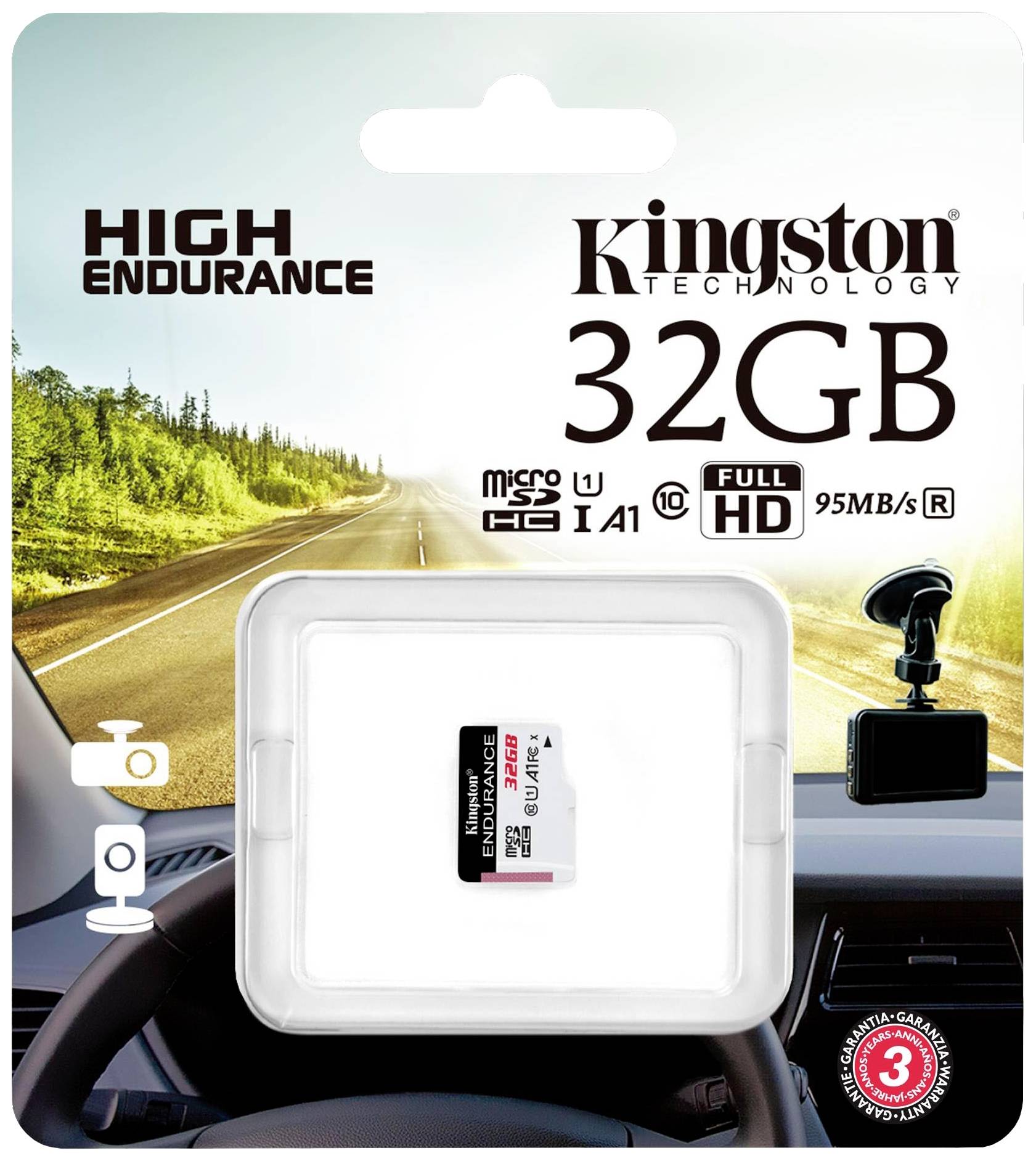 'Kingston Technology 32GB microSD-Karte für High-Endurance, ideal für Full-HD-Aufnahmen in Dashcams, mit 95MB/s Lesegeschwindigkeit.'