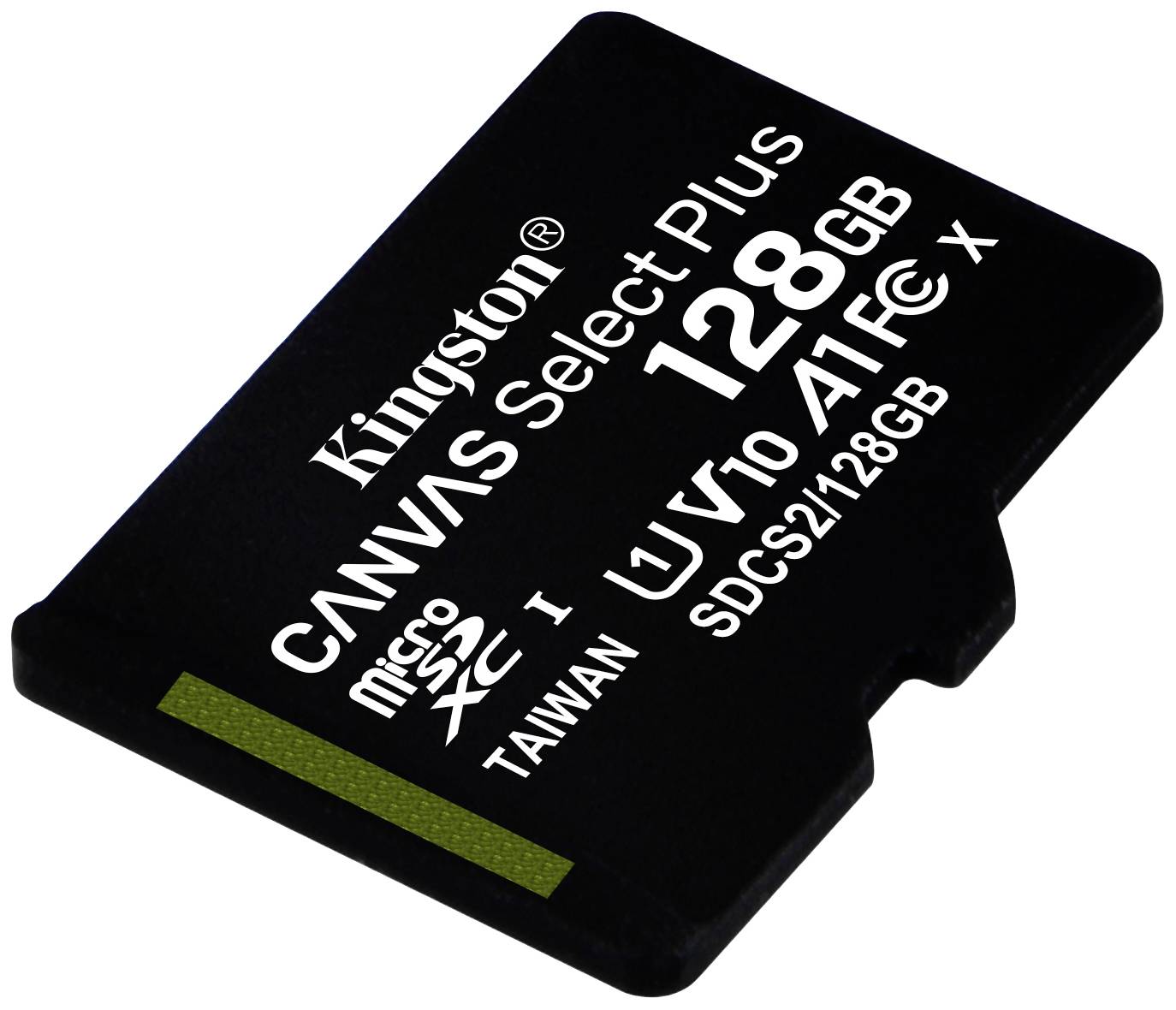 Eine Kingston microSD-Karte mit der Aufschrift 'CANVAS Select Plus 128GB', geeignet für U1, V10, A1 Anwendungen.