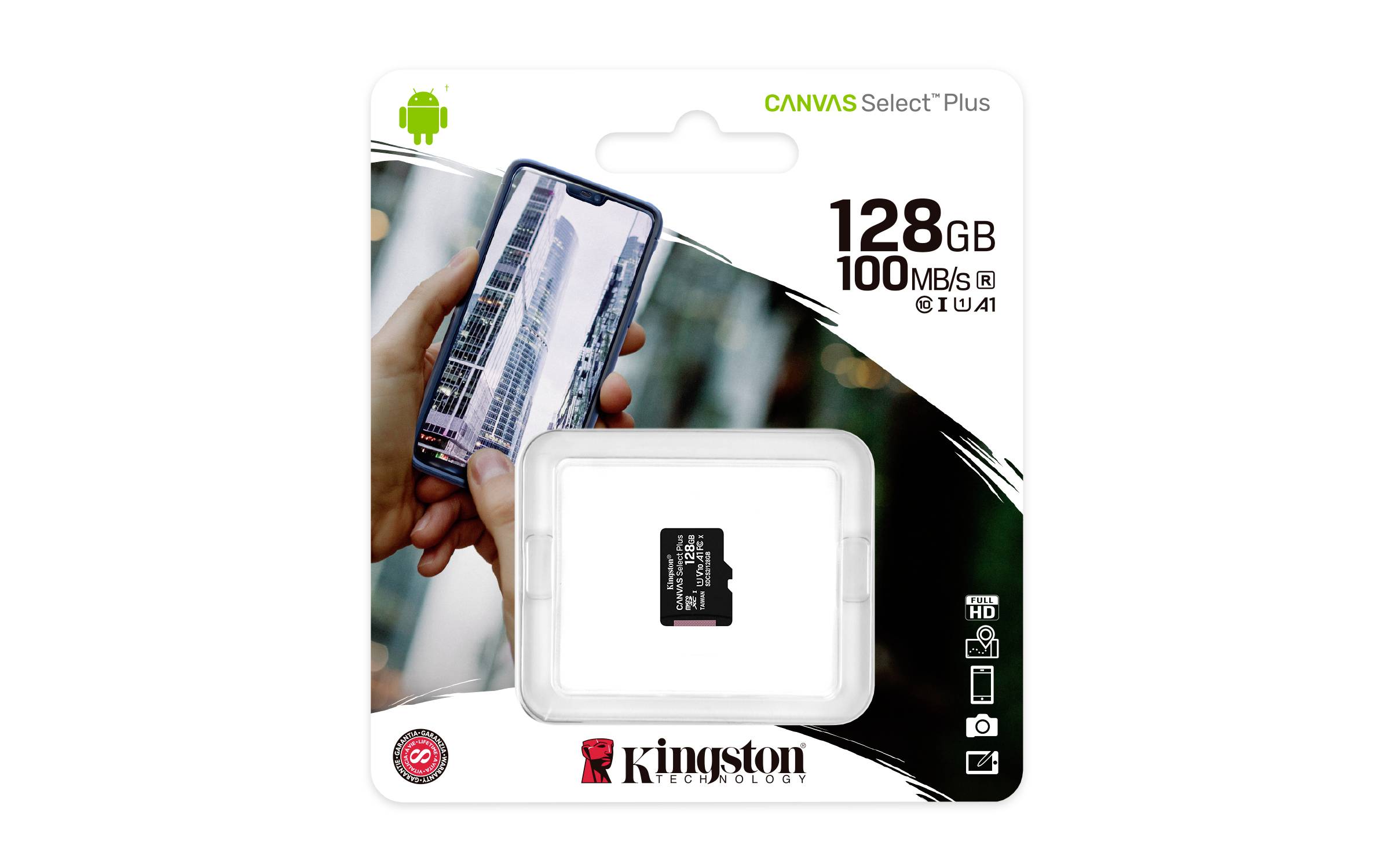Verpackung einer Kingston microSD-Karte mit 128 GB und 100 MB/s Geschwindigkeit, geeignet für Android-Geräte.