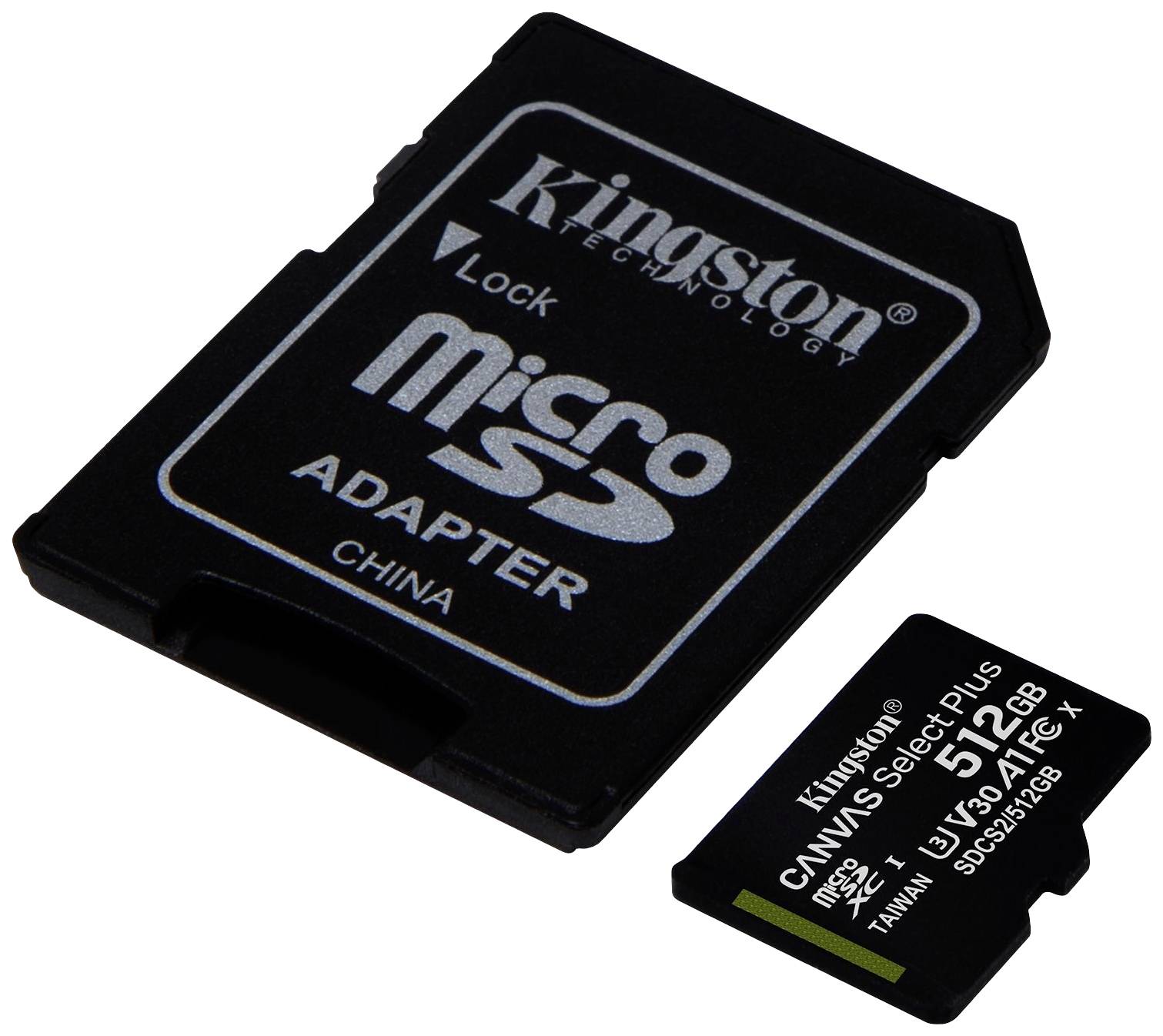 Eine schwarze microSD-Karte mit 512 GB Kapazität und der Aufschrift 'Kingston Canvas Select Plus' neben einem SD-Kartenadapter.
