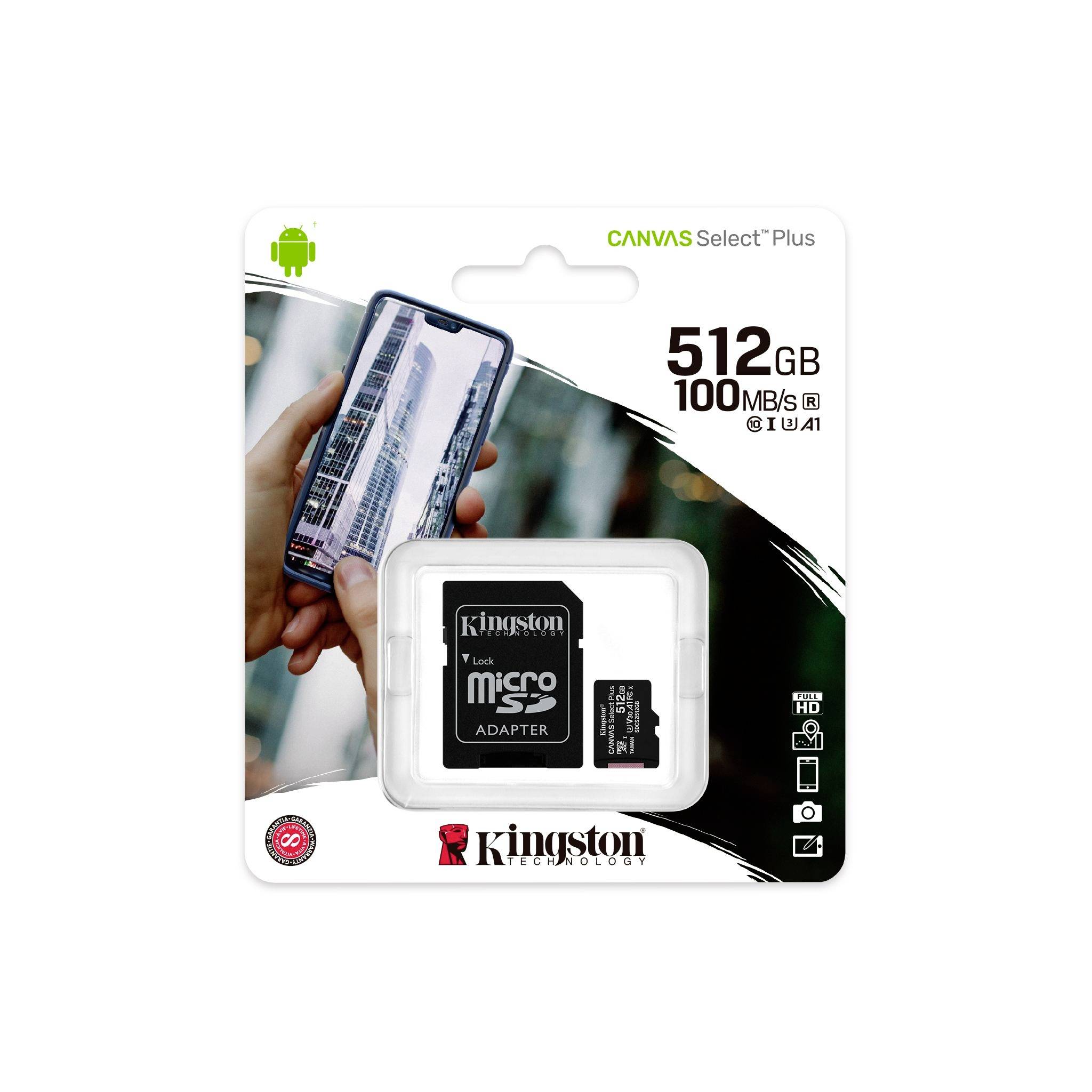 'Kingston Canvas Select Plus 512GB microSD-Karte' in Verpackung mit Adapter, geeignet für Android-Geräte. Lesegeschwindigkeit bis zu 100MB/s.