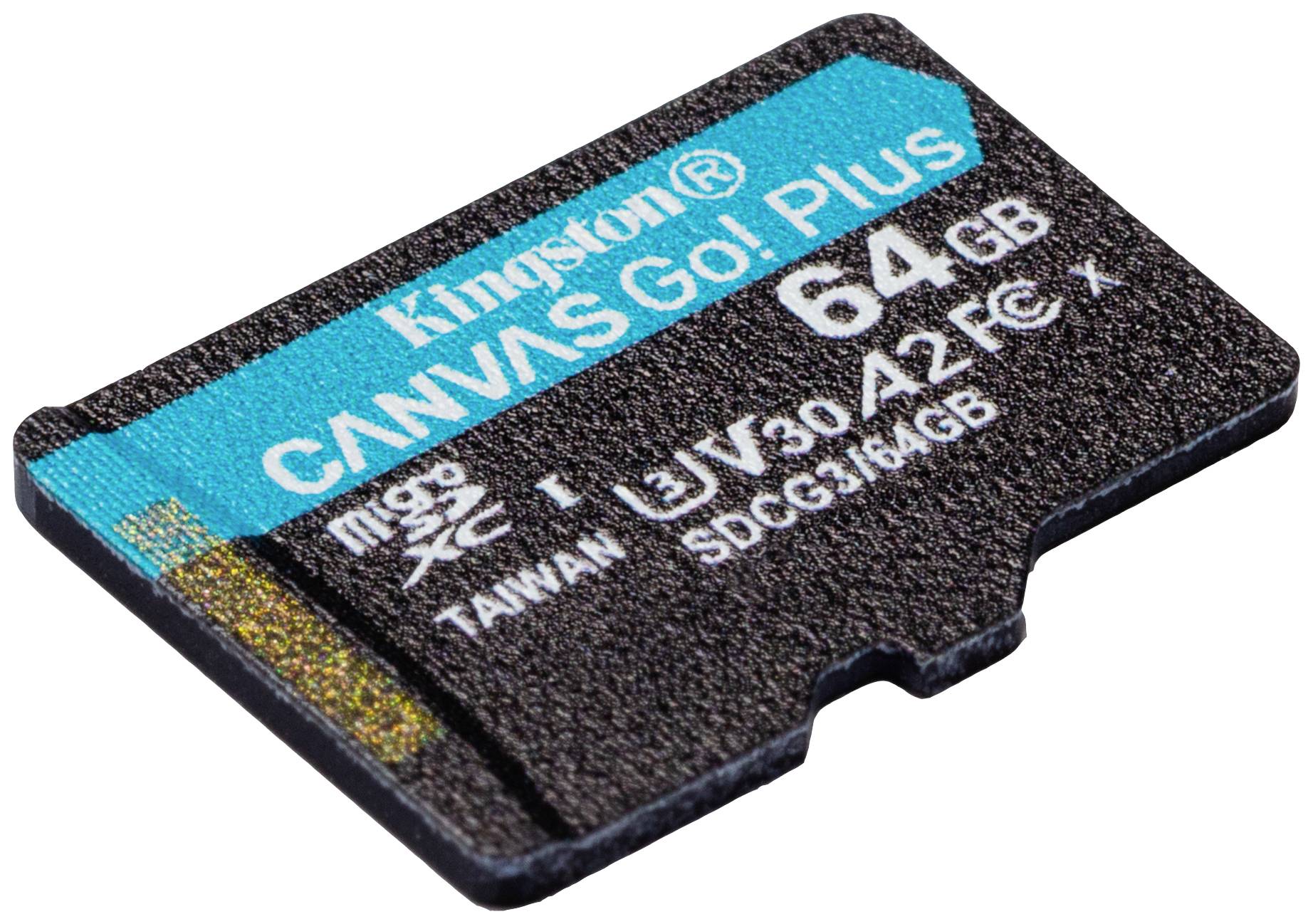 MicroSD-Karte 'Kingston Canvas Go! Plus' mit 64 GB Kapazität, V30, A2, U3 Spezifikationen, zeigt Hersteller- und technische Informationen.
