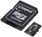 Eine schwarze microSD-Karte von Kingston und ein Adapter liegen nebeneinander. Die microSD-Karte hat eine Kapazität von 16 GB.