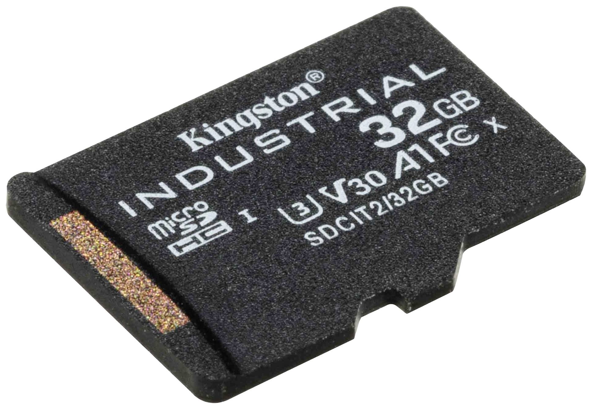 'Kingston Industrial 32GB microSD Speicherkarte' zeigt technischen Details wie 'V30 A1' und 'SDHC'.